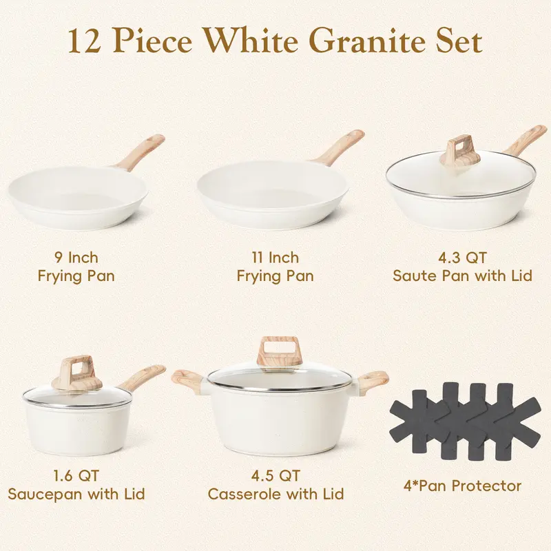 12-Piece Nonstick Granite Cookware Set, Pots and Pans Set, Induction Compatible Kitchen Cookware