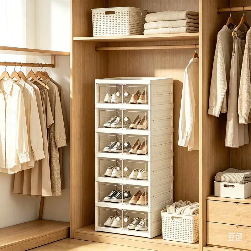 Foldable Shoe Cabinet, 9-Tier Stackable Shoe Rack with Clear Door, No Assembly Shoe Storage Organizer