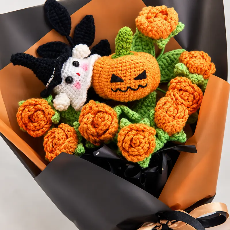 Crochet Halloween Flower Bouquet, Pumpkin Ghost Knitted Rose Bouquet, Forever Flowers Gift