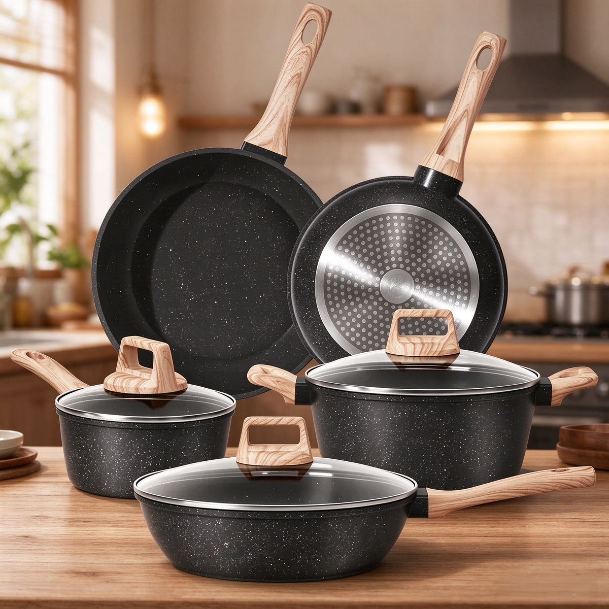 12-Piece Nonstick Granite Cookware Set, Pots and Pans Set, Induction Compatible Kitchen Cookware