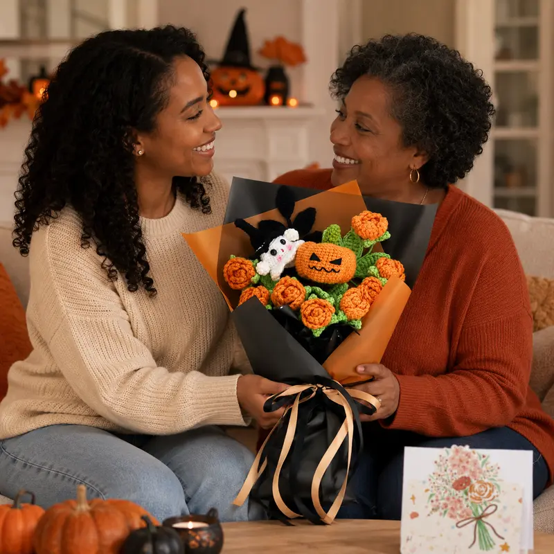 Crochet Halloween Flower Bouquet, Pumpkin Ghost Knitted Rose Bouquet, Forever Flowers Gift
