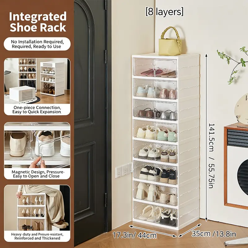 Foldable Shoe Cabinet, 9-Tier Stackable Shoe Rack with Clear Door, No Assembly Shoe Storage Organizer