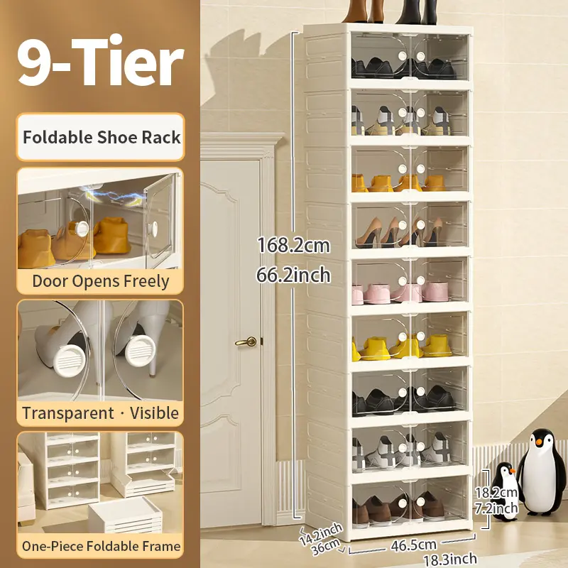 Foldable Shoe Cabinet, 9-Tier Stackable Shoe Rack with Clear Door, No Assembly Shoe Storage Organizer