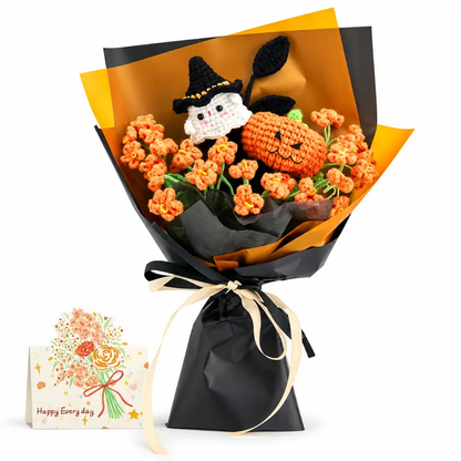 Crochet Halloween Flower Bouquet, Pumpkin Ghost Knitted Rose Bouquet, Forever Flowers Gift