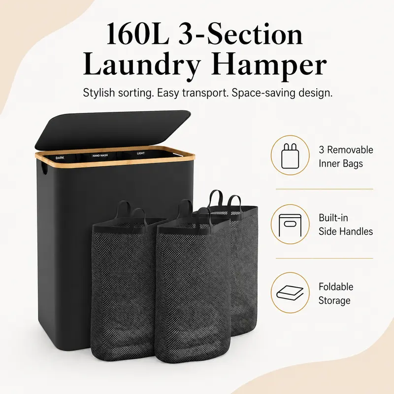 3-Section Laundry Basket with Lid, 160L Large Divided Laundry Hamper with Removable Bags, Foldable Laundry Sorter