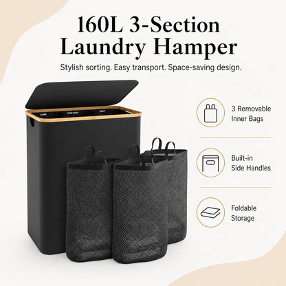 3-Section Laundry Basket with Lid, 160L Large Divided Laundry Hamper with Removable Bags, Foldable Laundry Sorter