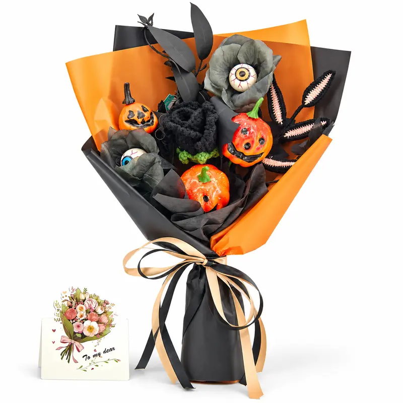 Crochet Halloween Flower Bouquet, Pumpkin Ghost Knitted Rose Bouquet, Forever Flowers Gift