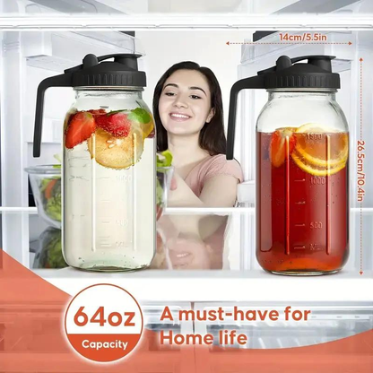 3-Pack 64oz Glass Mason Jar Water Pitcher with Lid and Spout, Wide Mouth Leak-Proof Cold Water Kettle, Glass Beverage Dispenser for Juice, Milk, Tea, Iced Coffee, Fall Theme