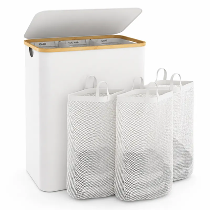 3-Section Laundry Basket with Lid, 160L Large Divided Laundry Hamper with Removable Bags, Foldable Laundry Sorter