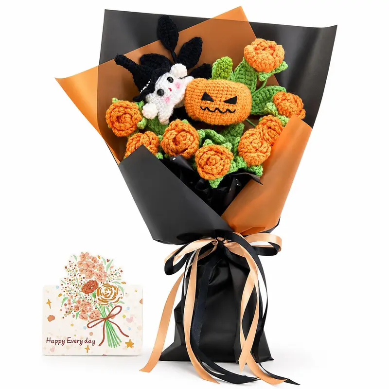 Crochet Halloween Flower Bouquet, Pumpkin Ghost Knitted Rose Bouquet, Forever Flowers Gift