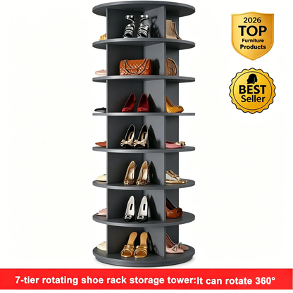 7 Tier Rotating Shoe Rack Tower, 360° Spinning Storage Carousel, Freestanding Organizer