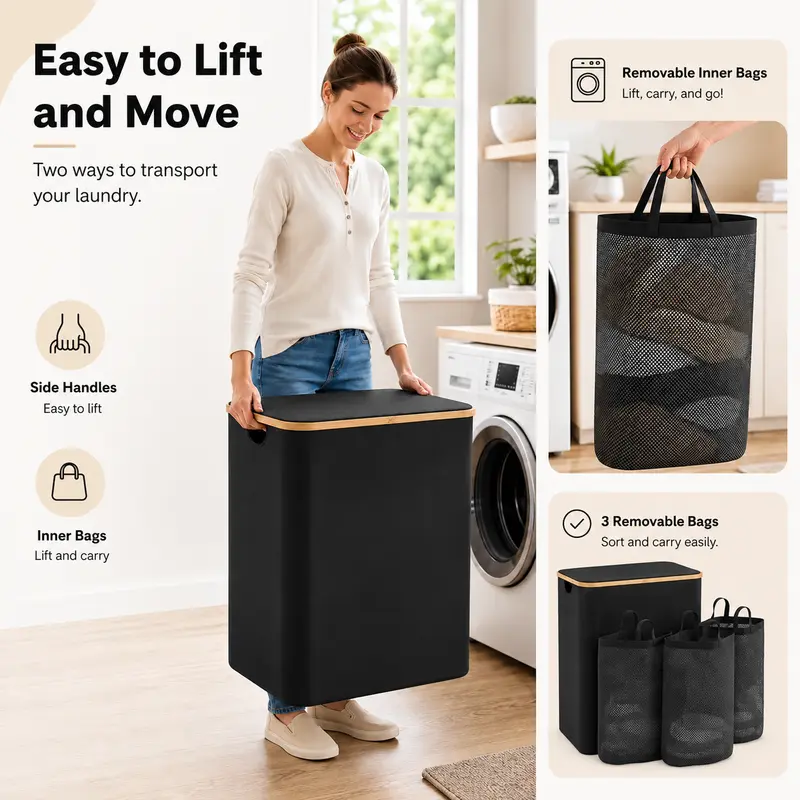 3-Section Laundry Basket with Lid, 160L Large Divided Laundry Hamper with Removable Bags, Foldable Laundry Sorter
