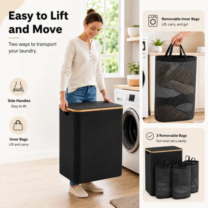 3-Section Laundry Basket with Lid, 160L Large Divided Laundry Hamper with Removable Bags, Foldable Laundry Sorter