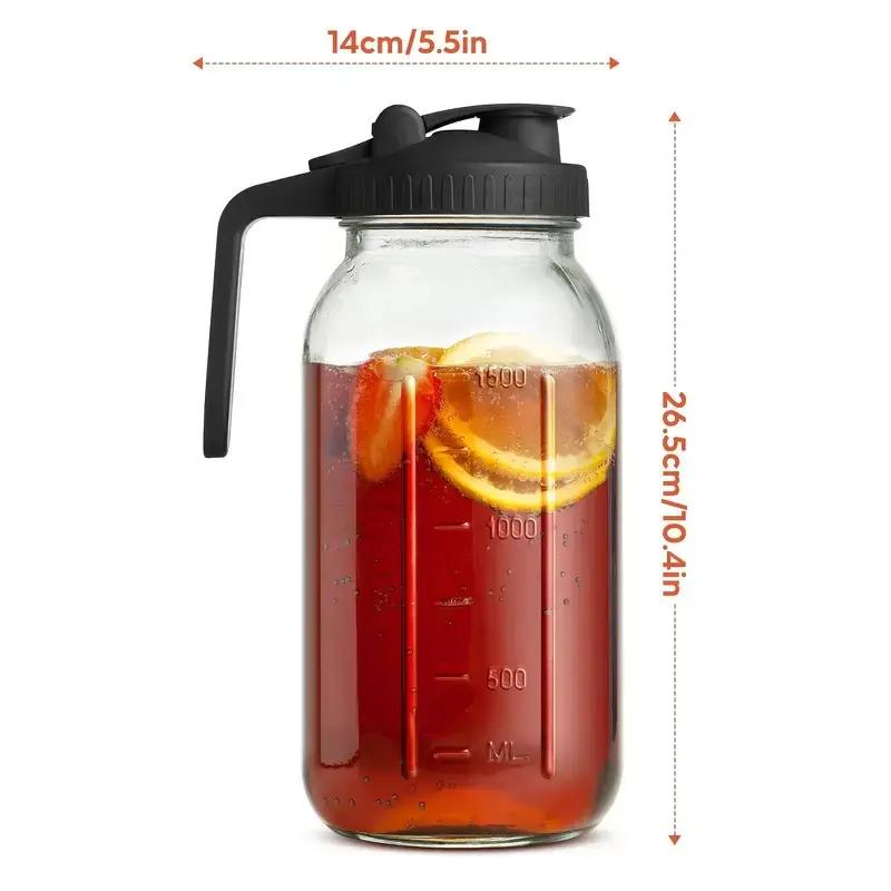 3-Pack 64oz Glass Mason Jar Water Pitcher with Lid and Spout, Wide Mouth Leak-Proof Cold Water Kettle, Glass Beverage Dispenser for Juice, Milk, Tea, Iced Coffee, Fall Theme