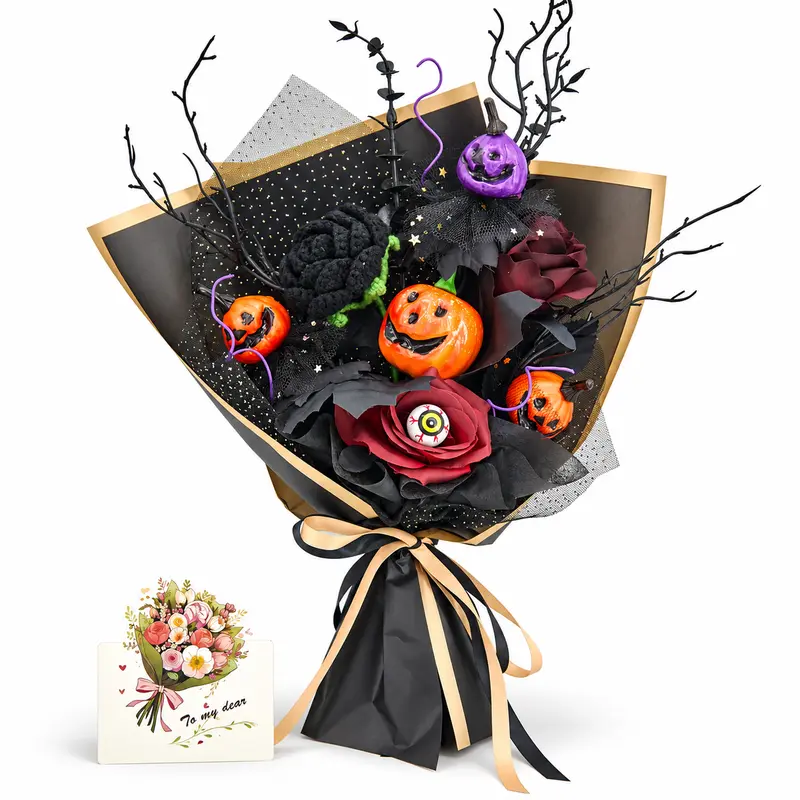 Crochet Halloween Flower Bouquet, Pumpkin Ghost Knitted Rose Bouquet, Forever Flowers Gift