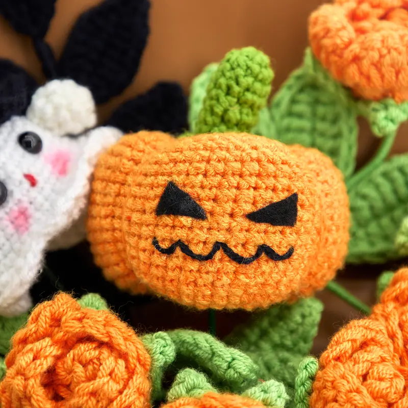Crochet Halloween Flower Bouquet, Pumpkin Ghost Knitted Rose Bouquet, Forever Flowers Gift