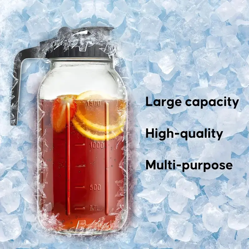 3-Pack 64oz Glass Mason Jar Water Pitcher with Lid and Spout, Wide Mouth Leak-Proof Cold Water Kettle, Glass Beverage Dispenser for Juice, Milk, Tea, Iced Coffee, Fall Theme