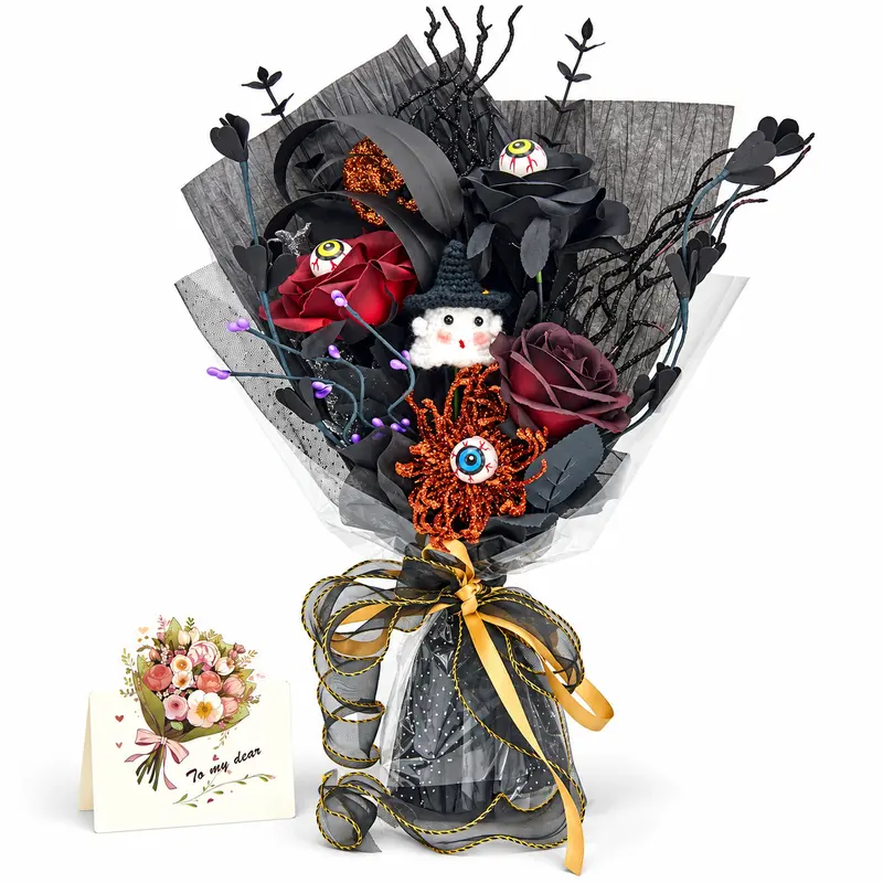 Crochet Halloween Flower Bouquet, Pumpkin Ghost Knitted Rose Bouquet, Forever Flowers Gift