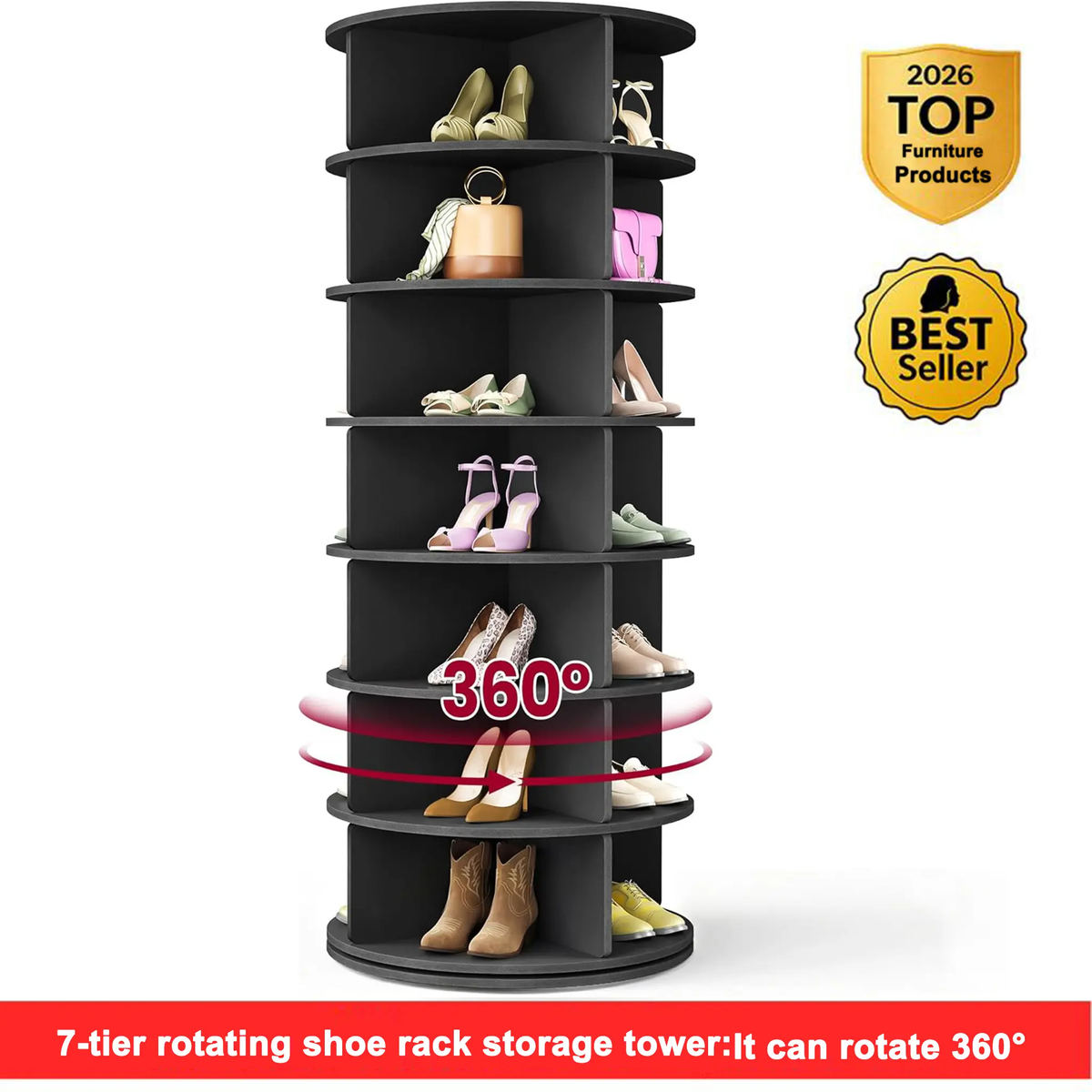 7 Tier Rotating Shoe Rack Tower, 360° Spinning Storage Carousel, Freestanding Organizer