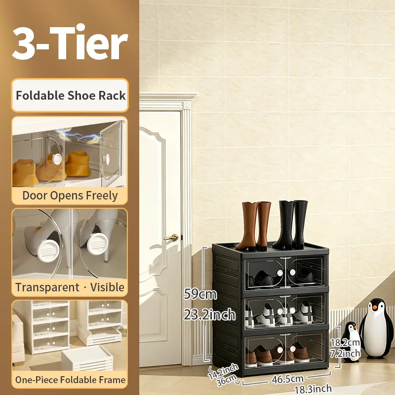 Foldable Shoe Cabinet, 9-Tier Stackable Shoe Rack with Clear Door, No Assembly Shoe Storage Organizer