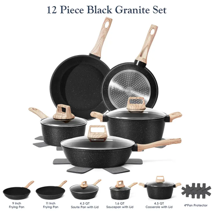 12-Piece Nonstick Granite Cookware Set, Pots and Pans Set, Induction Compatible Kitchen Cookware