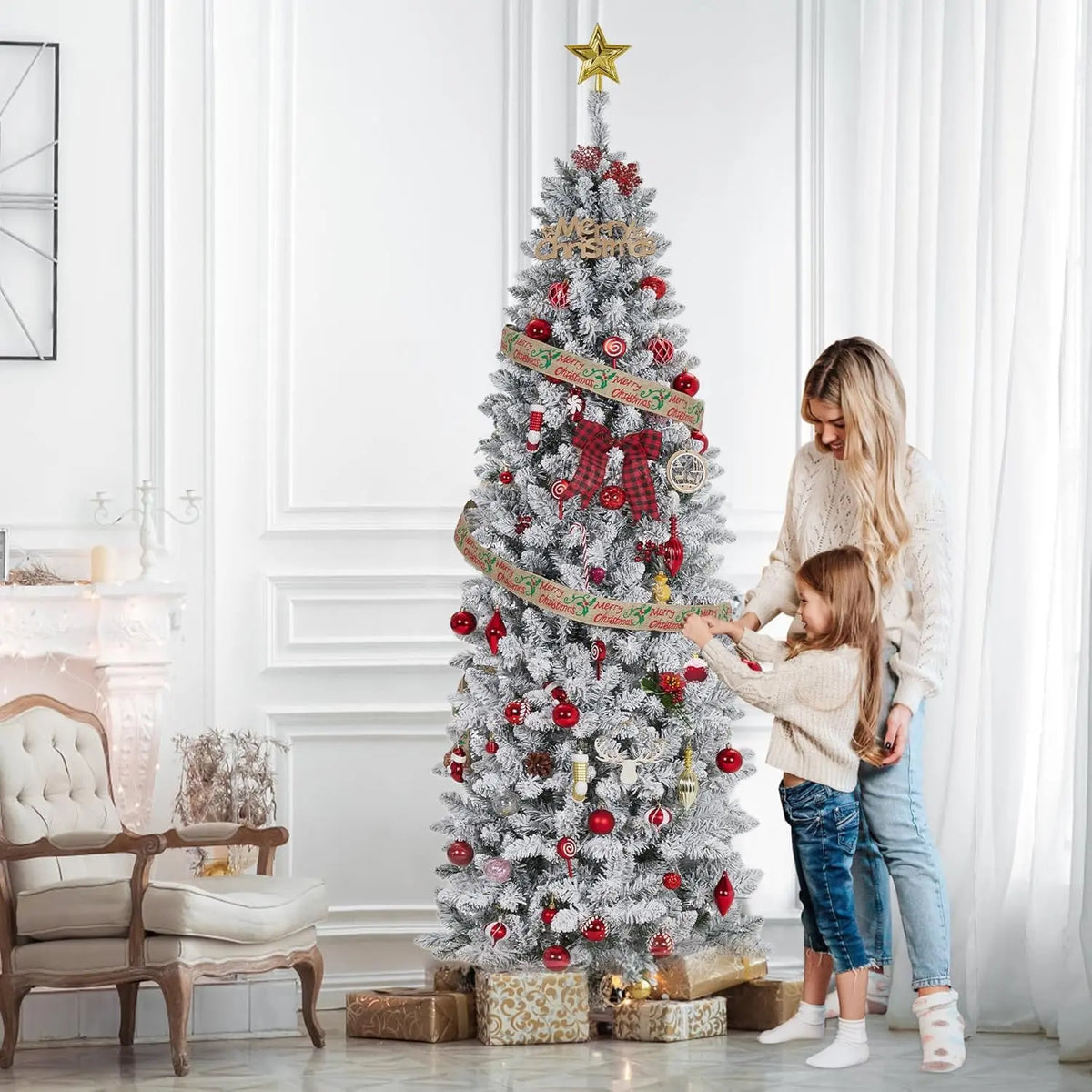Pre-Lit Flocked Pencil Christmas Tree