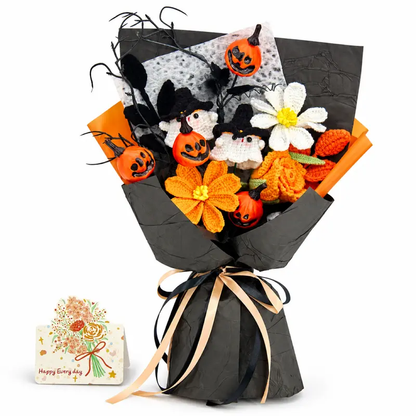 Crochet Halloween Flower Bouquet, Pumpkin Ghost Knitted Rose Bouquet, Forever Flowers Gift