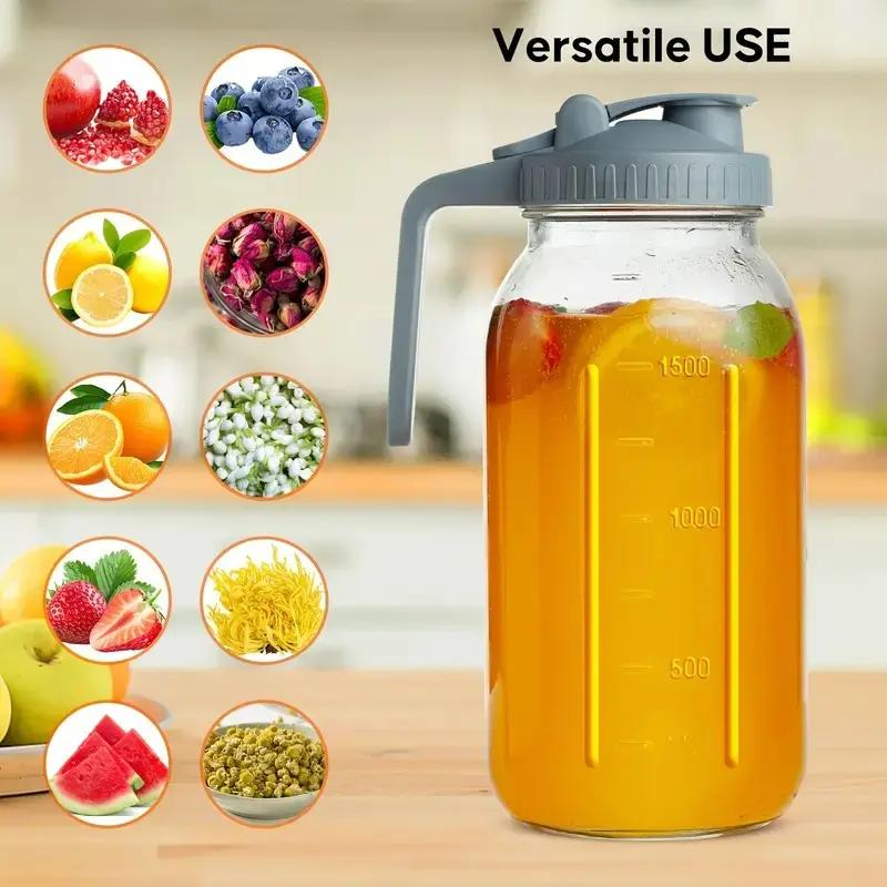 3-Pack 64oz Glass Mason Jar Water Pitcher with Lid and Spout, Wide Mouth Leak-Proof Cold Water Kettle, Glass Beverage Dispenser for Juice, Milk, Tea, Iced Coffee, Fall Theme