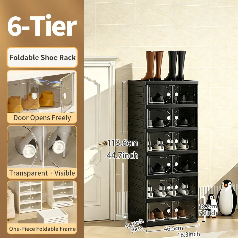 Foldable Shoe Cabinet, 9-Tier Stackable Shoe Rack with Clear Door, No Assembly Shoe Storage Organizer