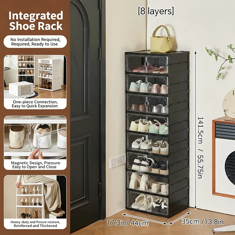 Foldable Shoe Cabinet, 9-Tier Stackable Shoe Rack with Clear Door, No Assembly Shoe Storage Organizer