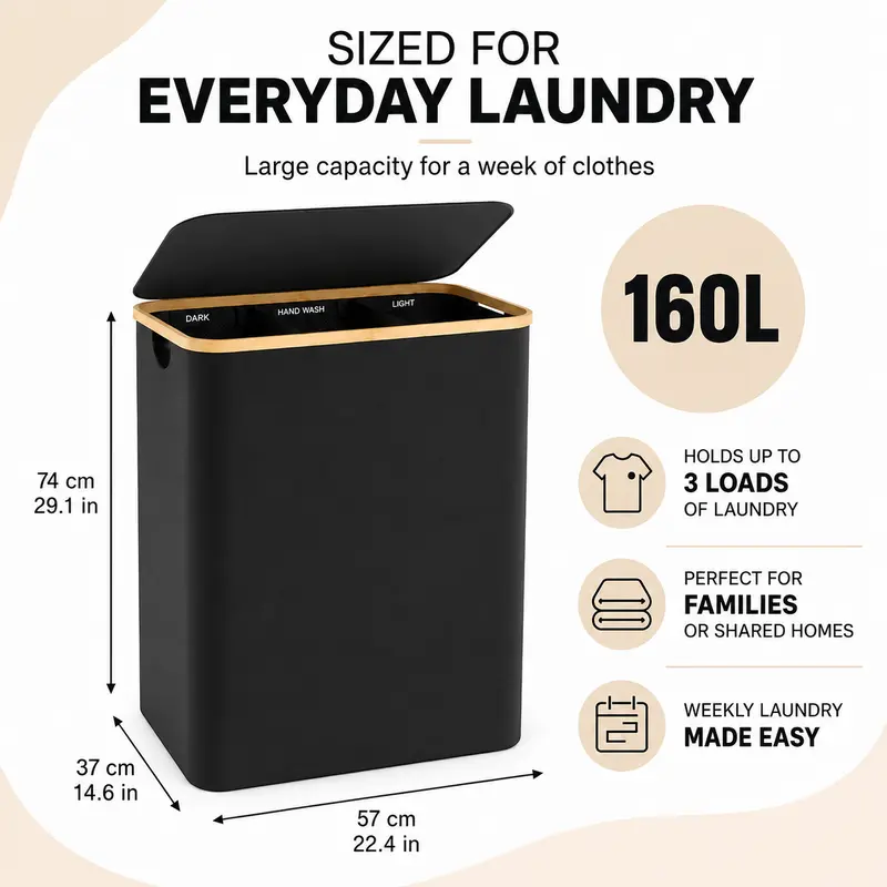 3-Section Laundry Basket with Lid, 160L Large Divided Laundry Hamper with Removable Bags, Foldable Laundry Sorter
