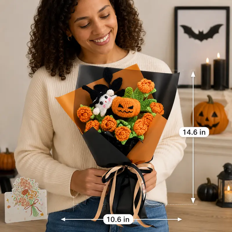 Crochet Halloween Flower Bouquet, Pumpkin Ghost Knitted Rose Bouquet, Forever Flowers Gift