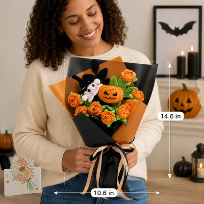 Crochet Halloween Flower Bouquet, Pumpkin Ghost Knitted Rose Bouquet, Forever Flowers Gift