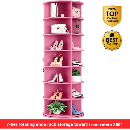 7 Tier Rotating Shoe Rack Tower, 360° Spinning Storage Carousel, Freestanding Organizer