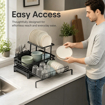 2-Tier Over Sink Dish Drying Rack, Foldable Pull-Out Drainer, Small Kitchen Organizer