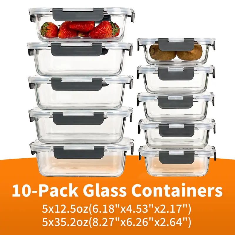 10-Pack Glass Food Storage Containers with Lids, BPA-Free Leak-Proof Airtight Glass Meal Prep Containers, Microwave Oven Freezer Safe, Stackable Glass Lunch Containers for Kitchen