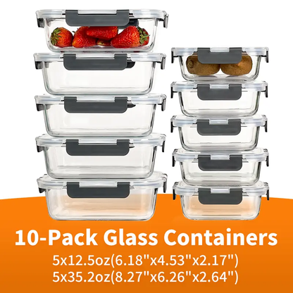 10-Pack Glass Food Storage Containers with Lids, BPA-Free Leak-Proof Airtight Glass Meal Prep Containers, Microwave Oven Freezer Safe, Stackable Glass Lunch Containers for Kitchen