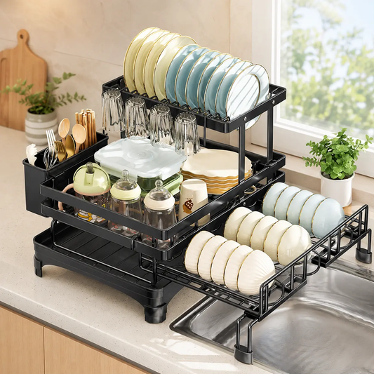 2-Tier Over Sink Dish Drying Rack, Foldable Pull-Out Drainer, Small Kitchen Organizer