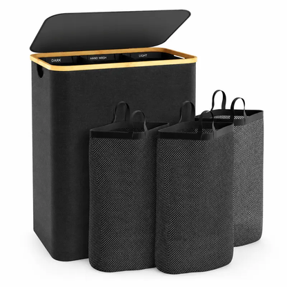 3-Section Laundry Basket with Lid, 160L Large Divided Laundry Hamper with Removable Bags, Foldable Laundry Sorter