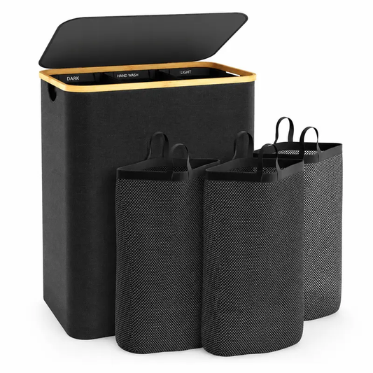3-Section Laundry Basket with Lid, 160L Large Divided Laundry Hamper with Removable Bags, Foldable Laundry Sorter