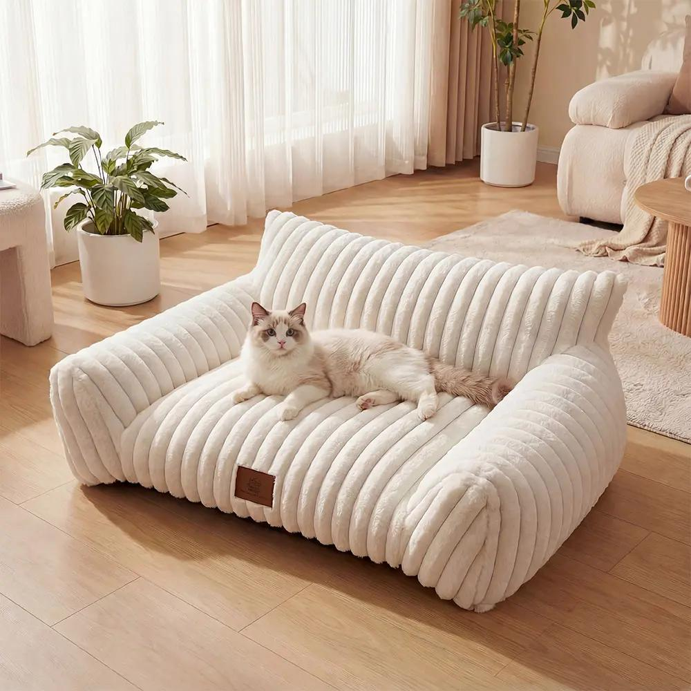 3 Styles Fluffy Fleece Pet Sofa Bed, Calming Cat Bed for Indoor Cats, Soft Plush Puppy Bed with Removable Washable Cover