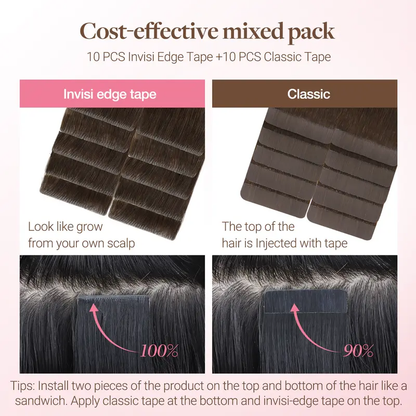 Tape in Human Hair Extensions, Straight Seamless Tape Ins, 20pcs 50g