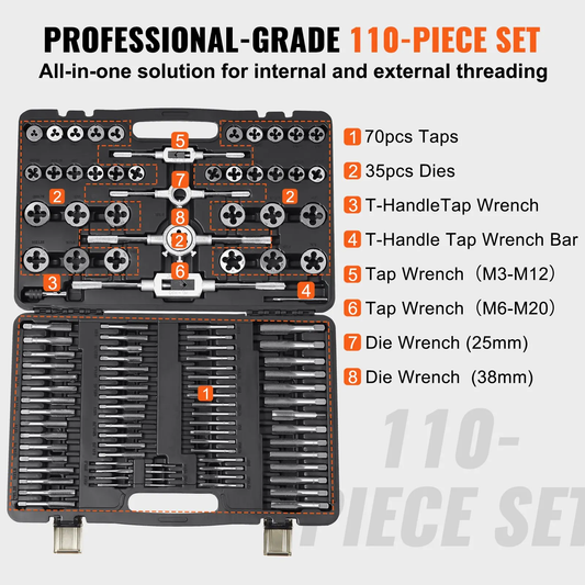110PC Tap and Die Set, M2-M18 Bearing Steel Threading Tool