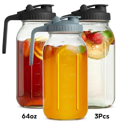 3-Pack 64oz Glass Mason Jar Water Pitcher with Lid and Spout, Wide Mouth Leak-Proof Cold Water Kettle, Glass Beverage Dispenser for Juice, Milk, Tea, Iced Coffee, Fall Theme