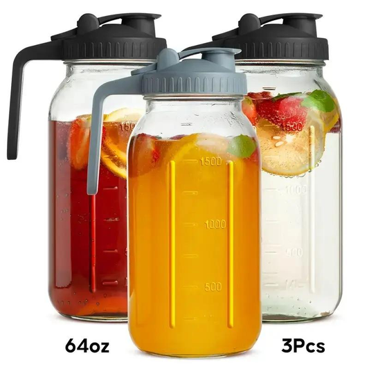 3-Pack 64oz Glass Mason Jar Water Pitcher with Lid and Spout, Wide Mouth Leak-Proof Cold Water Kettle, Glass Beverage Dispenser for Juice, Milk, Tea, Iced Coffee, Fall Theme