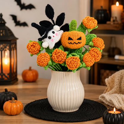 Crochet Halloween Flower Bouquet, Pumpkin Ghost Knitted Rose Bouquet, Forever Flowers Gift