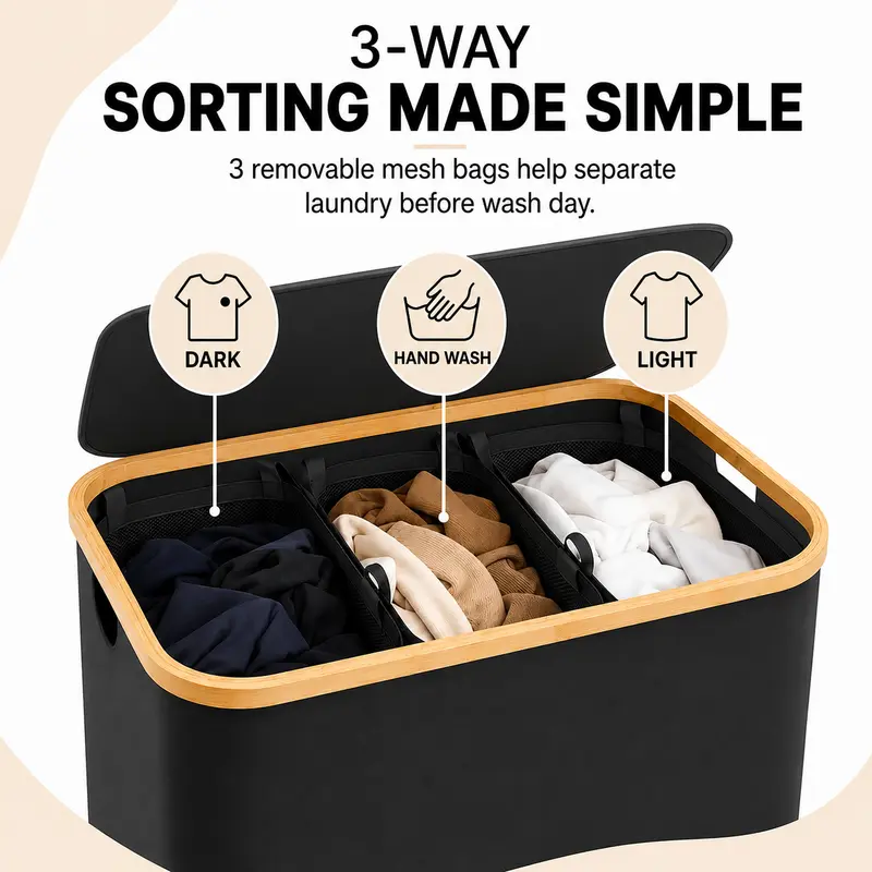 3-Section Laundry Basket with Lid, 160L Large Divided Laundry Hamper with Removable Bags, Foldable Laundry Sorter