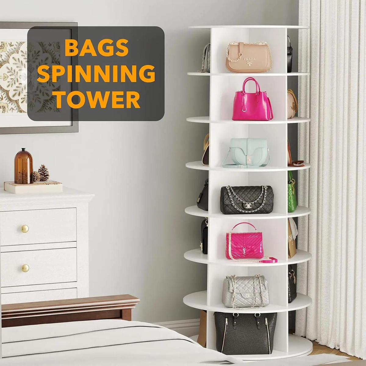 7 Tier Rotating Shoe Rack Tower, 360° Spinning Storage Carousel, Freestanding Organizer