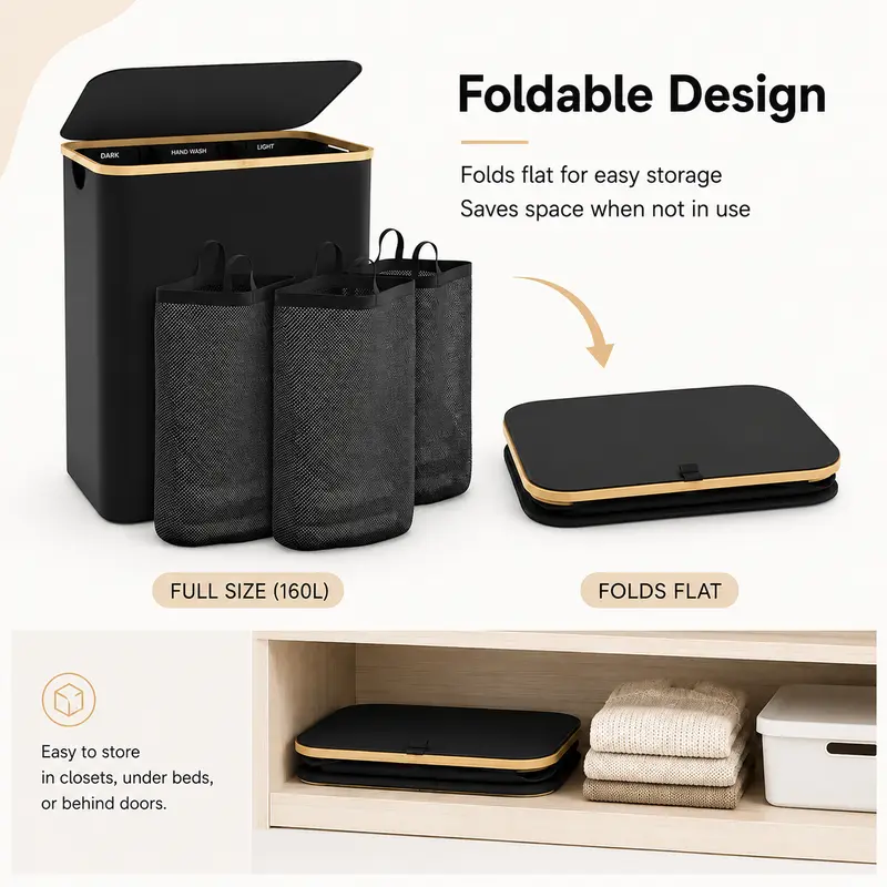 3-Section Laundry Basket with Lid, 160L Large Divided Laundry Hamper with Removable Bags, Foldable Laundry Sorter