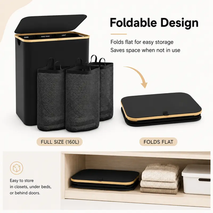 3-Section Laundry Basket with Lid, 160L Large Divided Laundry Hamper with Removable Bags, Foldable Laundry Sorter